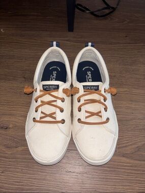 White Sperry Shoes with Brown Faux Leather Laces